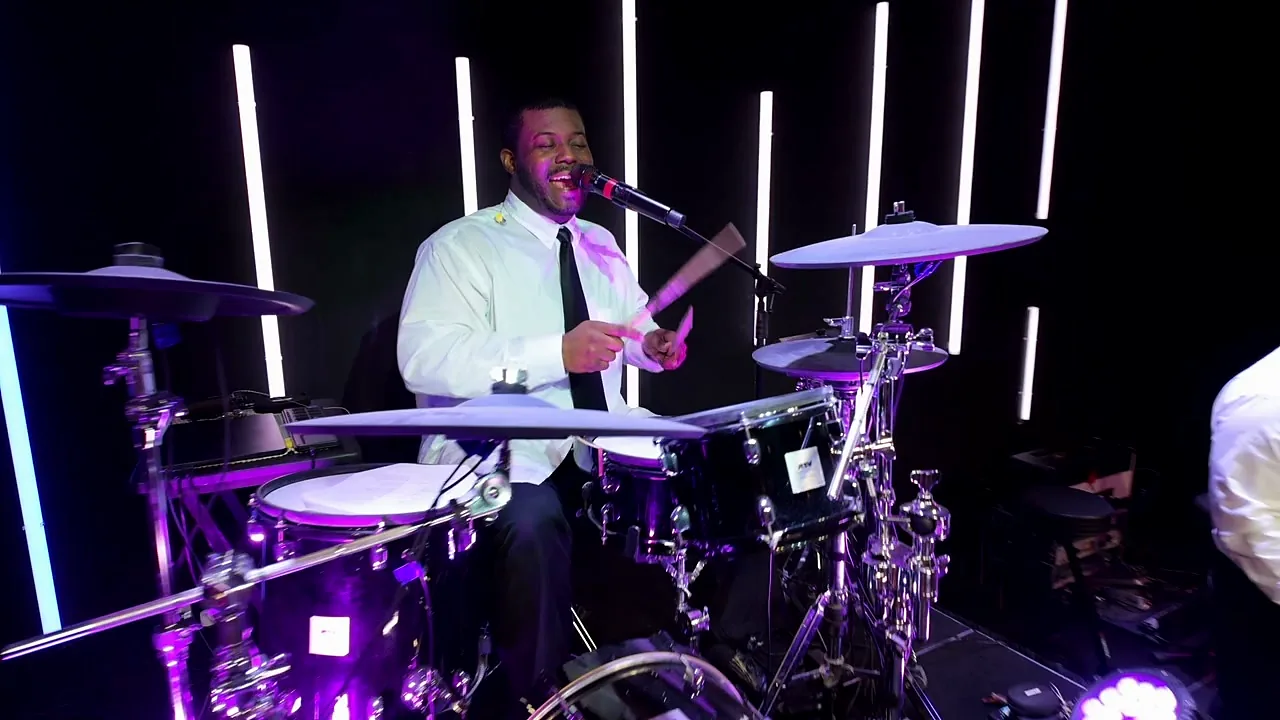 The drummer on an electronic kit during a live set